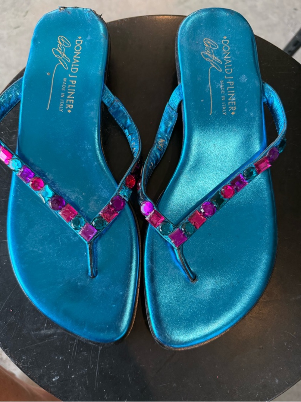 Donald J. Pliner Teal Metallic Jeweled Thong Sandals